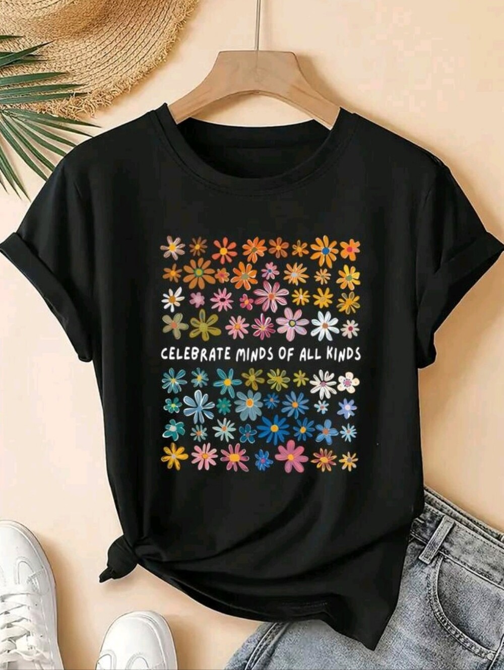 Celebrate Minds of All Kinds Black Floral Graphic Tee 100% Cotton